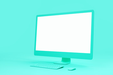 Blank white mock up of single material computer screen at abstract turquoise background.