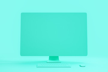 All blue minimal concept with blank single material computer at abstract background. 3D Rendering