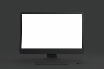 All black minimal concept with blank white mock up screen of black single material computer.
