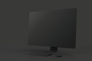 All black minimal concept with blank black single material computer screen at abstract dark...
