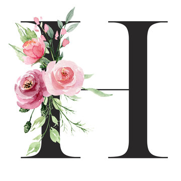 Floral alphabet, letter H with watercolor flowers and leaf. Monogram initials perfectly for wedding invitations, greeting card, logo, poster and other design. Holiday design hand painting.