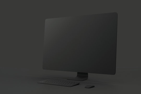 All black minimal concept with blank black single material computer screen at abstract dark background.