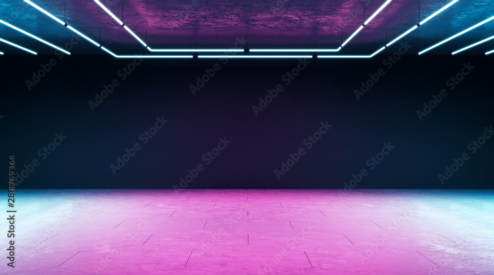 Poster minimal techno concept with modern empty hall with blank wall and neon paints.