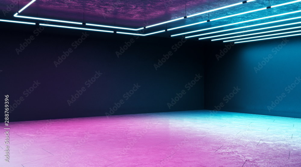 Poster minimal techno concept with modern empty exhibition hall with blank wall and neon paints.