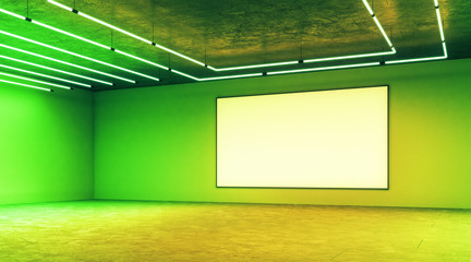 Blank mock up poster on light green wall in modern empty hall with neon paints and halogen lamps.