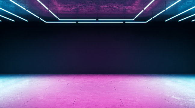 Minimal techno concept with modern empty hall with blank wall and neon paints.