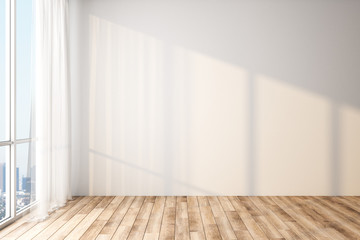 Modern light empty room with blank white wall, wooden floor and big window with city view.