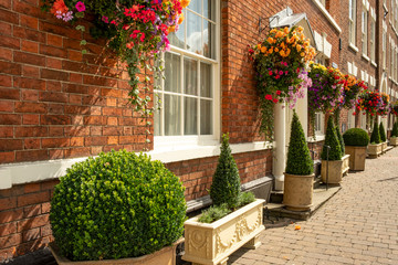 Fototapeta na wymiar Pershore building with hanging baskets and topiary bushes