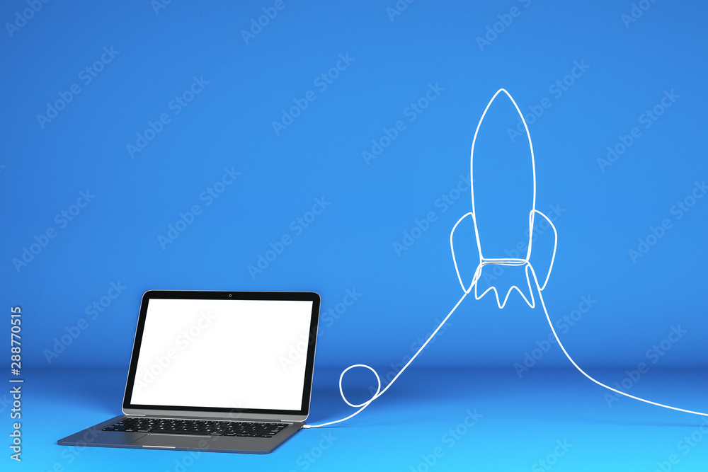 Poster start up concept with blank white mock up laptop monitor and wire rocket at blue background.