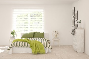 Stylish bedroom in white color. Scandinavian interior design. 3D illustration