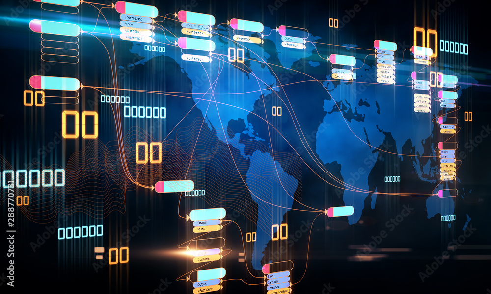 Aufkleber big data concept with abstract futuistic infographic at digital world map background.