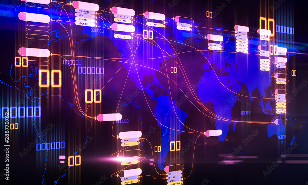 Aufkleber Blockchain and programming concept with node base programming and glowing digital world map.