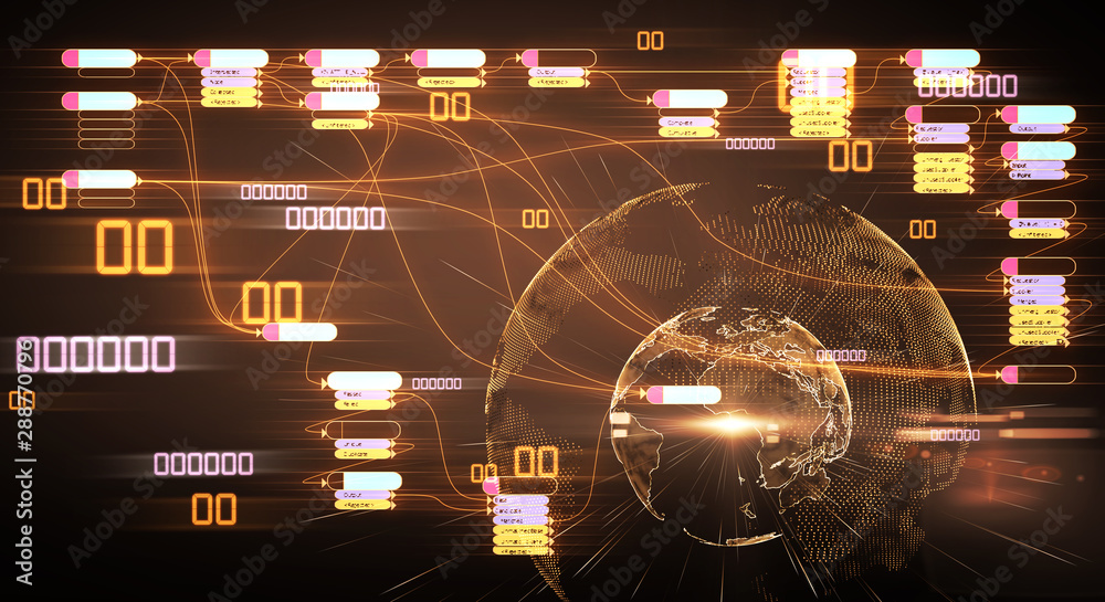 Aufkleber Programming and technologies concept with node base programming at digital world map background.