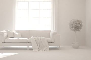 Mock up of stylish room in white color with sofa. Scandinavian interior design. 3D illustration