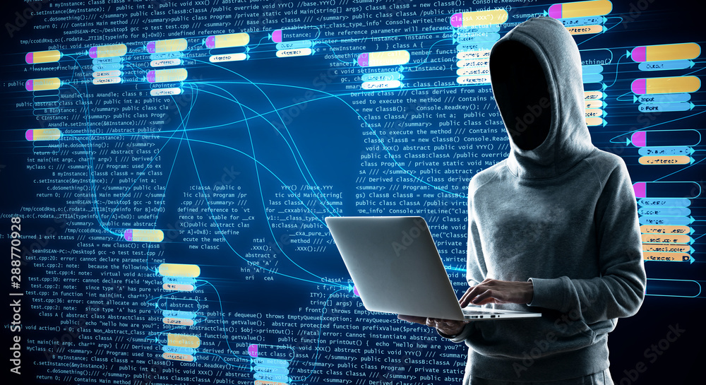 Poster Hacking concept with hacker using laptop at digital map with node tree and binary code background.
