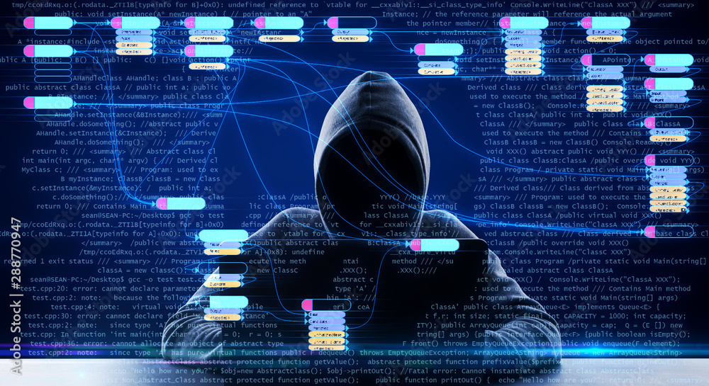 Poster Internet security concept with node symbols and binay code at hacker with laptop background.
