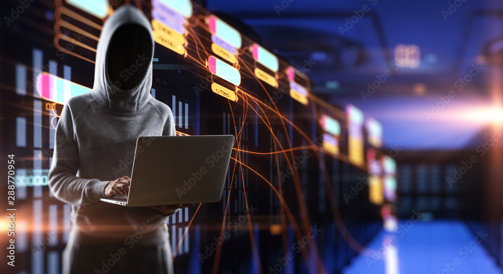 Poster Internet security concept with hacker using laptop at digital node symbols and server room background.