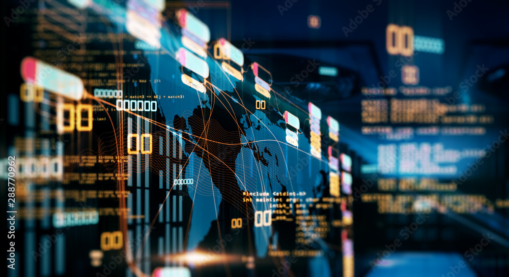 Poster Blockchain and computer technologies with digital nodes map at abstract world map background.