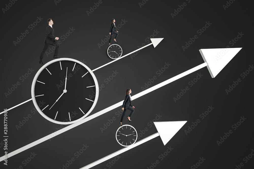 Poster time pressure and race against time concept with business people riding a clock up.