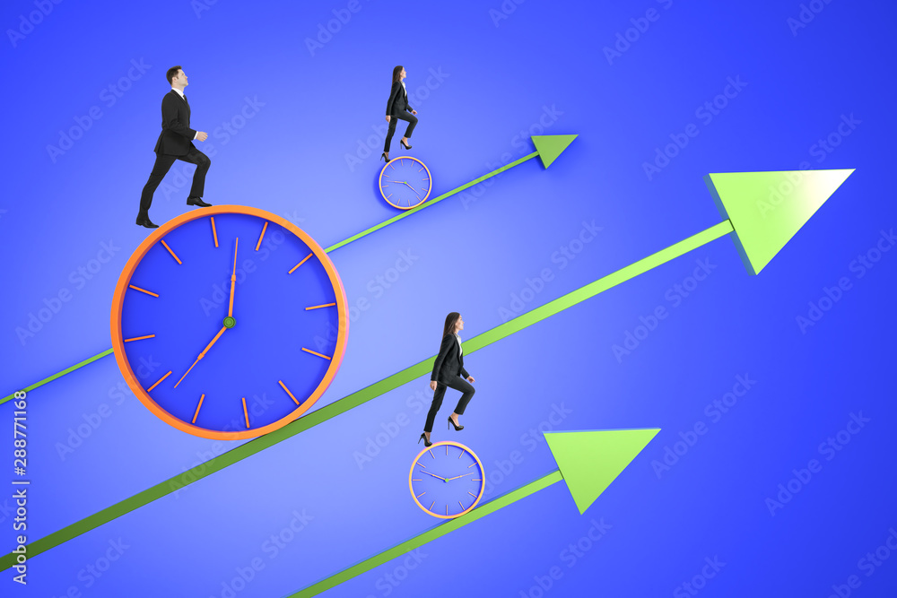 Poster time pressure and race against time concept with business people trying to outrun time.