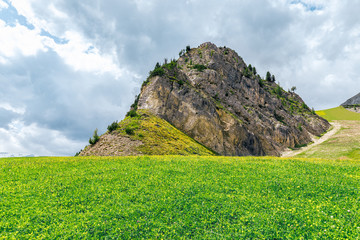 Alpine meadow with mountain top near Piz Boe  mountain in the Italian Dolomites. Alto Adige, Italy