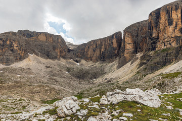 Mountain top view near the Lake of Boe in Italian Dolomites mountains in Alta Badia, Alto Adige, Italy