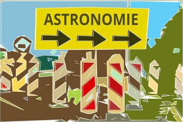 Astronomie - Konzept Wegweiser Gelbes Schild 14, Pfeile nach rechts