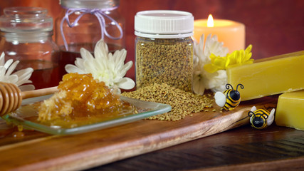 Honey and related products including honeycomb, pollen and beeswax for many household uses...