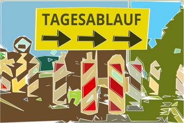 Tagesablauf - Konzept Wegweiser Gelbes Schild 14, Pfeile nach rechts