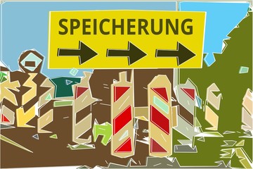 Speicherung - Konzept Wegweiser Gelbes Schild 14, Pfeile nach rechts