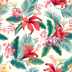 Obraz premium seamless floral pattern with tropical leaves and red hibiscus on white background