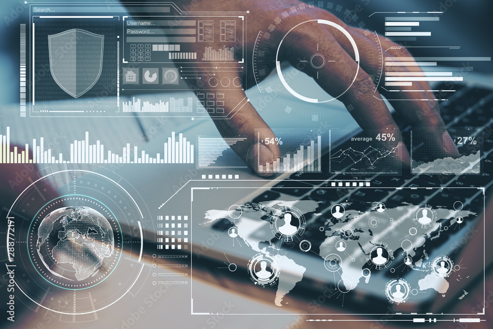 Poster Technology concept with digital screen with diagram and graphs and man hand typing on laptop keyboard.Double exposure.