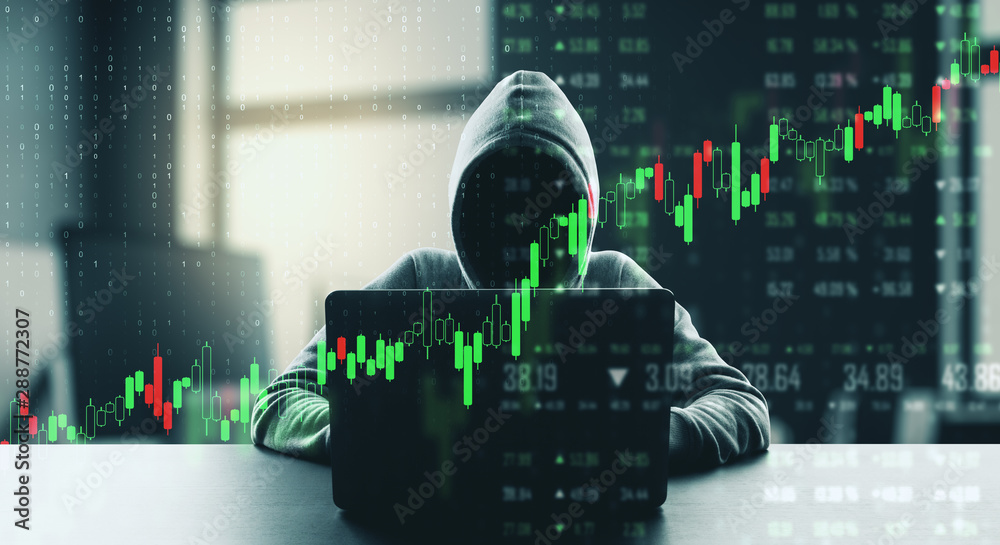 Poster Business security concept with digital trading screen with graphs and hacker with laptop.Double exposure.