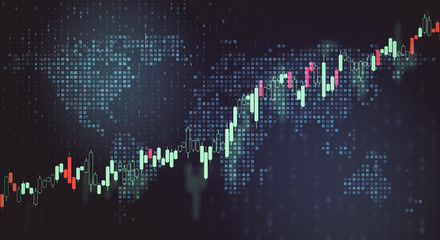 Global trading concept with financial graphs and digital pixel world map.