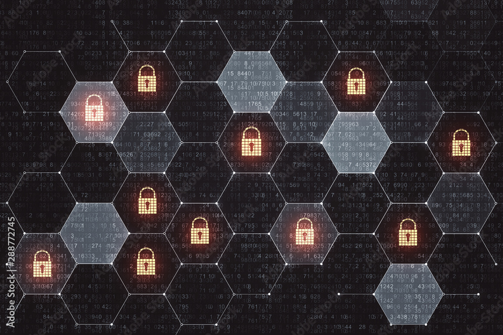 Poster Digital crime and internet security concept with lock icons in cells.