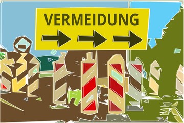 Vermeidung - Konzept Wegweiser Gelbes Schild 14, Pfeile nach rechts