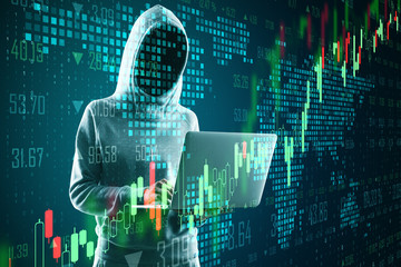 Business security concept with hacker with laptop and digital forex chart with graphs and pixel map.Double exposure.