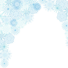 Watercolor hand painted nature winter cold frozen border frame with blue snowflakes cloud snowfall for invitations and holiday postcard on the white background with the space for text