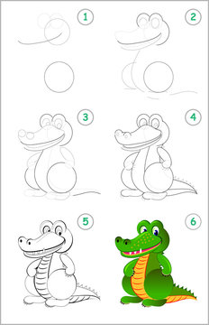 How to draw step by step a cute toy crocodile. Educational page for kids. Back to school. Developing children skills for drawing and coloring. Printable worksheet for baby book. Vector cartoon image.