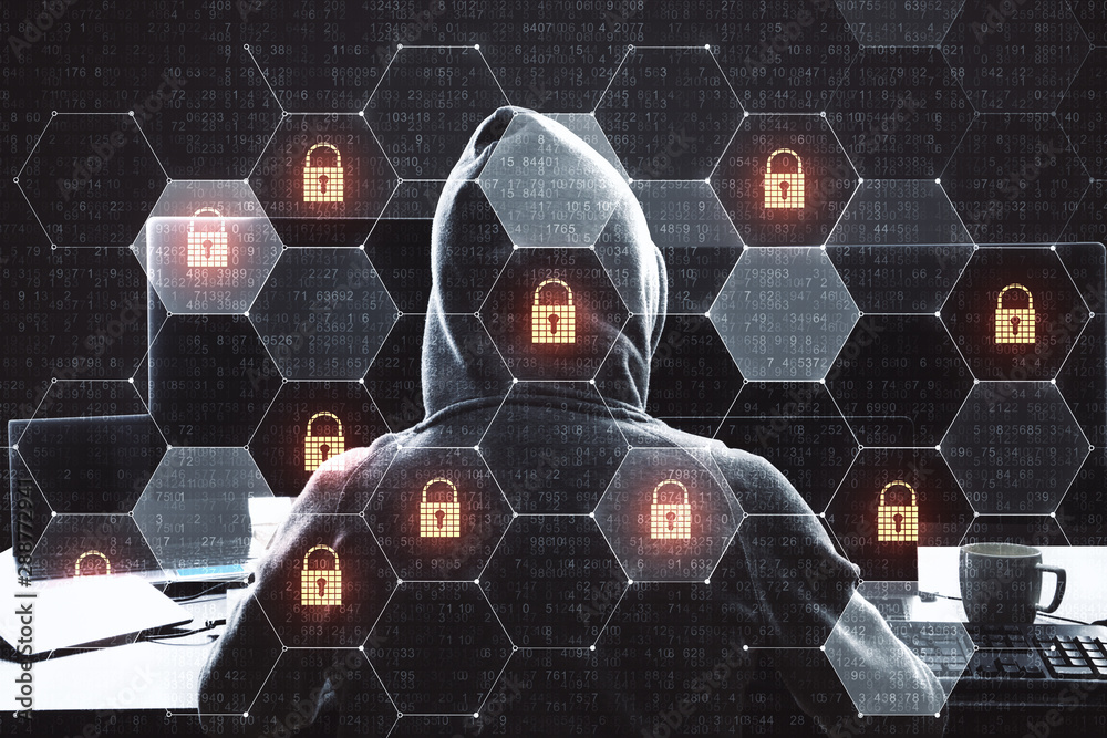 Poster Cyber attack in process with hacker back and digital security icons in cells.Double exposure.