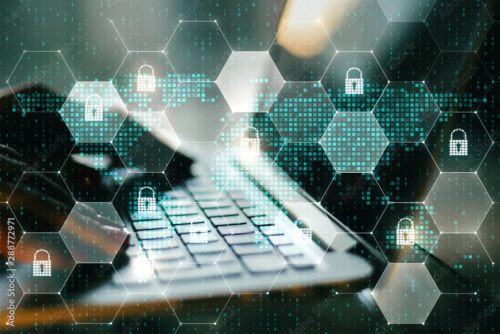 Aufkleber Web security concept with digital lock icons in cells and pixel world map at blurry laptop background.Double exposure.