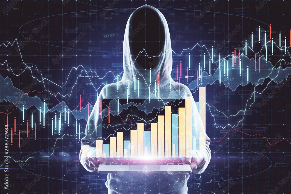 Leinwandbilder malware and finance concept with no face hacker with opened laptop and digital forex chart.double ex