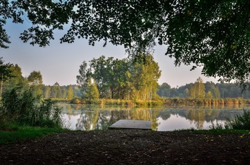 Beautiful summer green landscape. Wooden small pier on the lake shore.