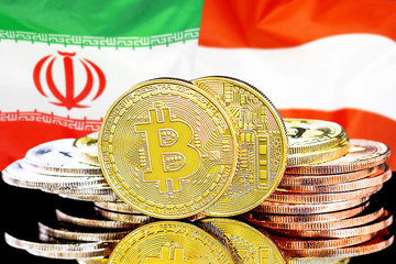 Concept for investors in cryptocurrency and Blockchain technology in the Iran and Austria. Bitcoins on the background of the flag Iran and Austria.