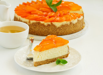 Cheesecake with peaches .. Selective focus.