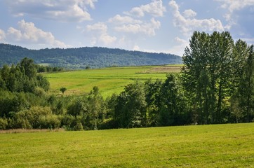 Beautiful mountain summer landscape. Green meadows and hills in the Polish mountains.