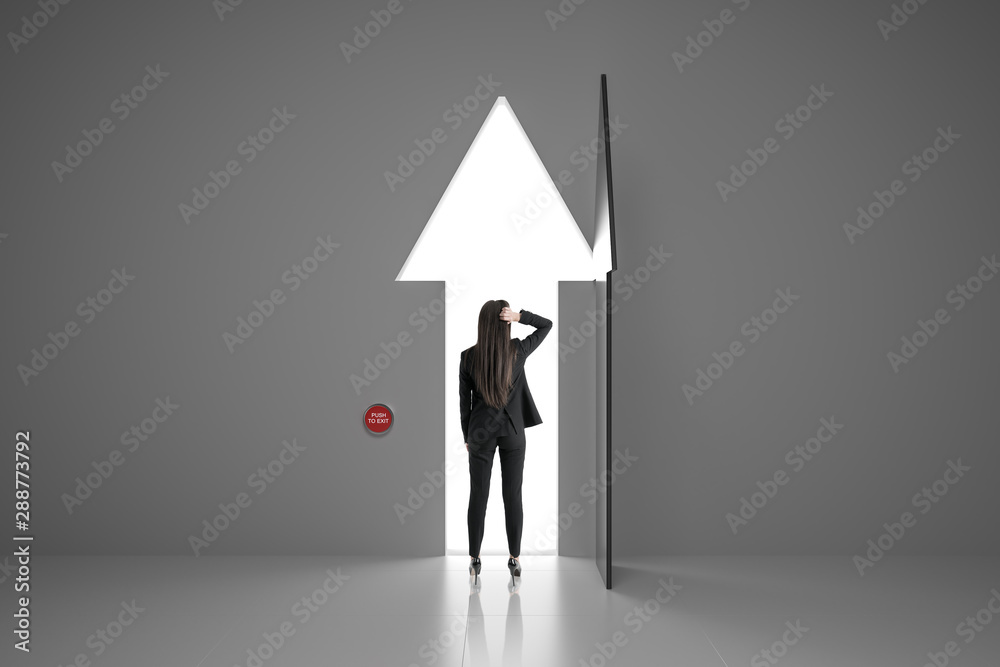 Poster making a decision concept with businesswoman staying in font of arrow door.