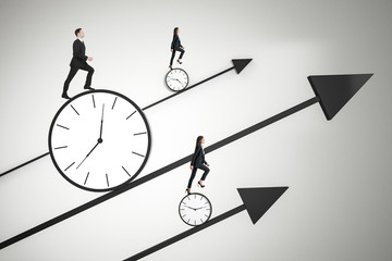 Time is money and race against time concept with business people trying to outrun time.