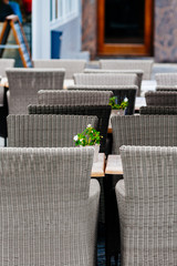Outdoor tables of empty Belgium terrace in the city of Ostend