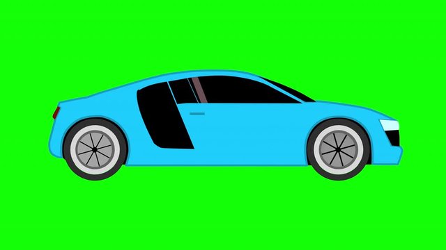 Blue sport car flat style animation on green screen background. 4k